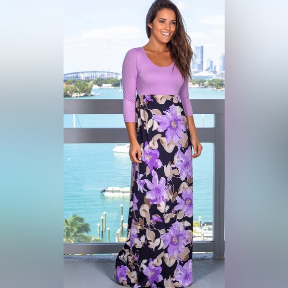 LAVENDER AND NAVY FLORAL MAXI DRESS - Picture 4 of 4